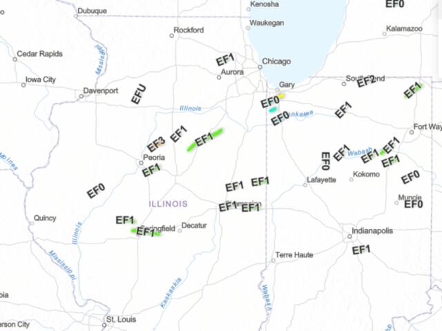 A map of confirmed tornadoes in Illinois and Indiana Nov. 10 and 11.