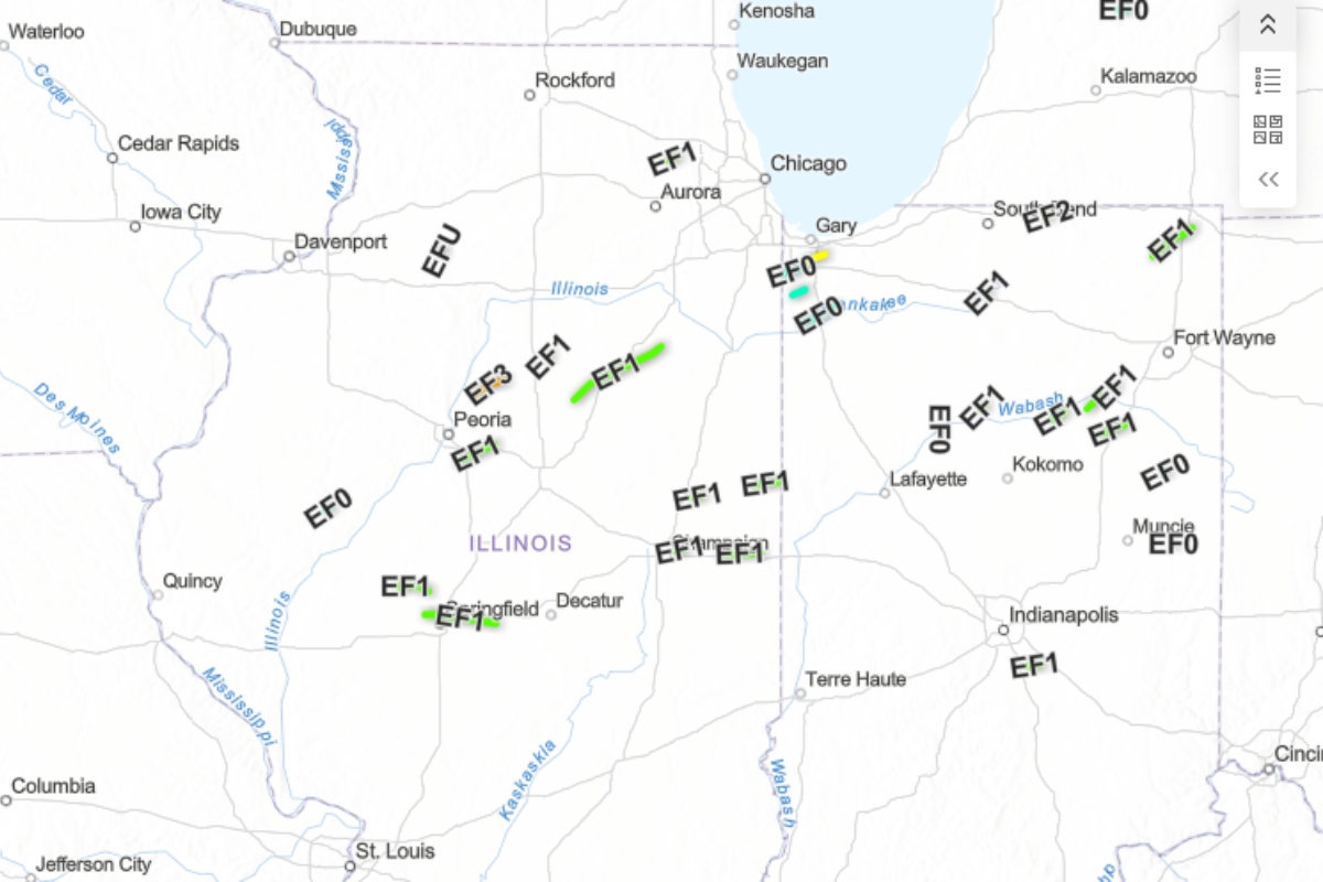A map of confirmed tornadoes in Illinois and Indiana Nov. 10 and 11.
