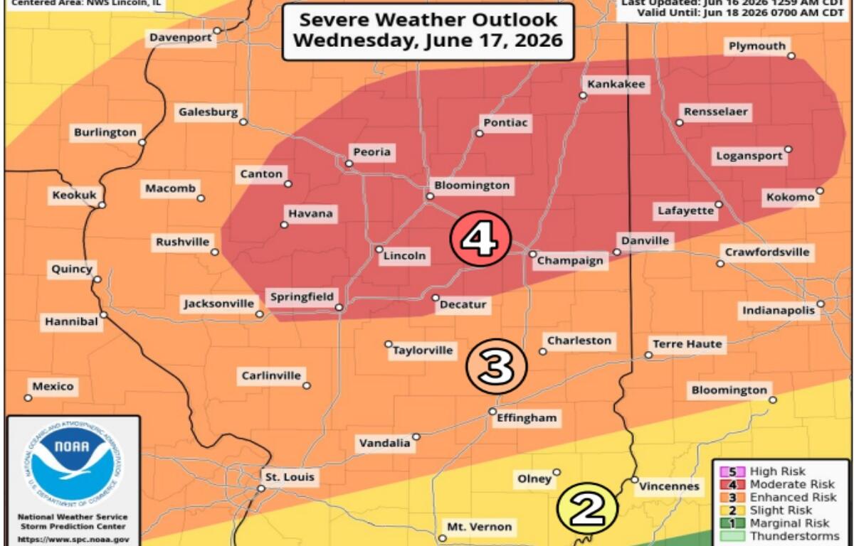 Springfield is inside a cone of "moderate" risk of severe weather Wednesday, June 16.