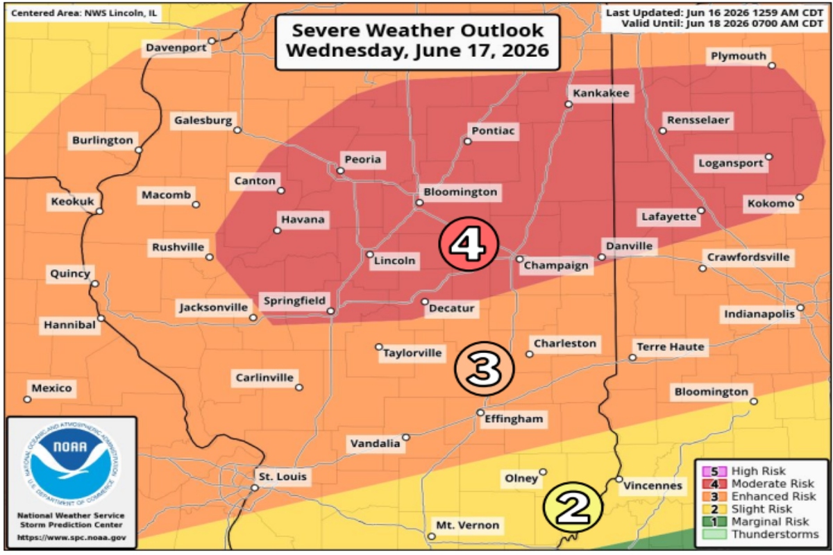 Springfield is inside a cone of "moderate" risk of severe weather Wednesday, June 16.
