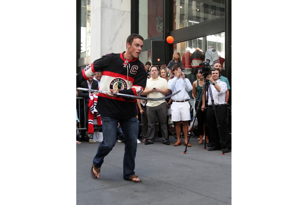NEW YORK - SEPTEMBER 8: Jonathan Toews, captain of the Chicago Blackhawks, attends the launch event for EA Sports' NHL 11 at the NHL Powered by Reebok store on September 8, 2010 in New York City.