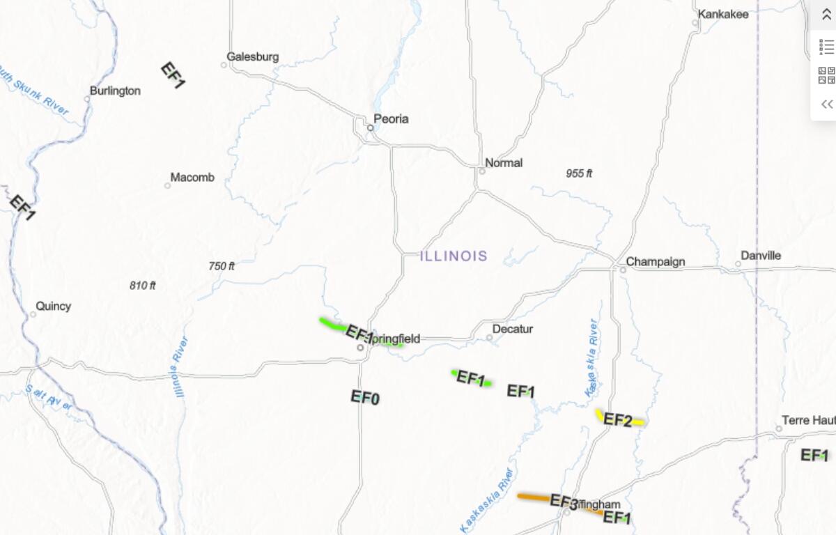 Seven tornadoes hit western and central Illinois Wednesday, June 17, according to the National Weather Service in Lincon, as seen on this map.