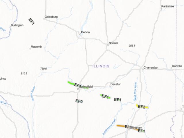 Seven tornadoes hit western and central Illinois Wednesday, June 17, according to the National Weather Service in Lincon, as seen on this map.