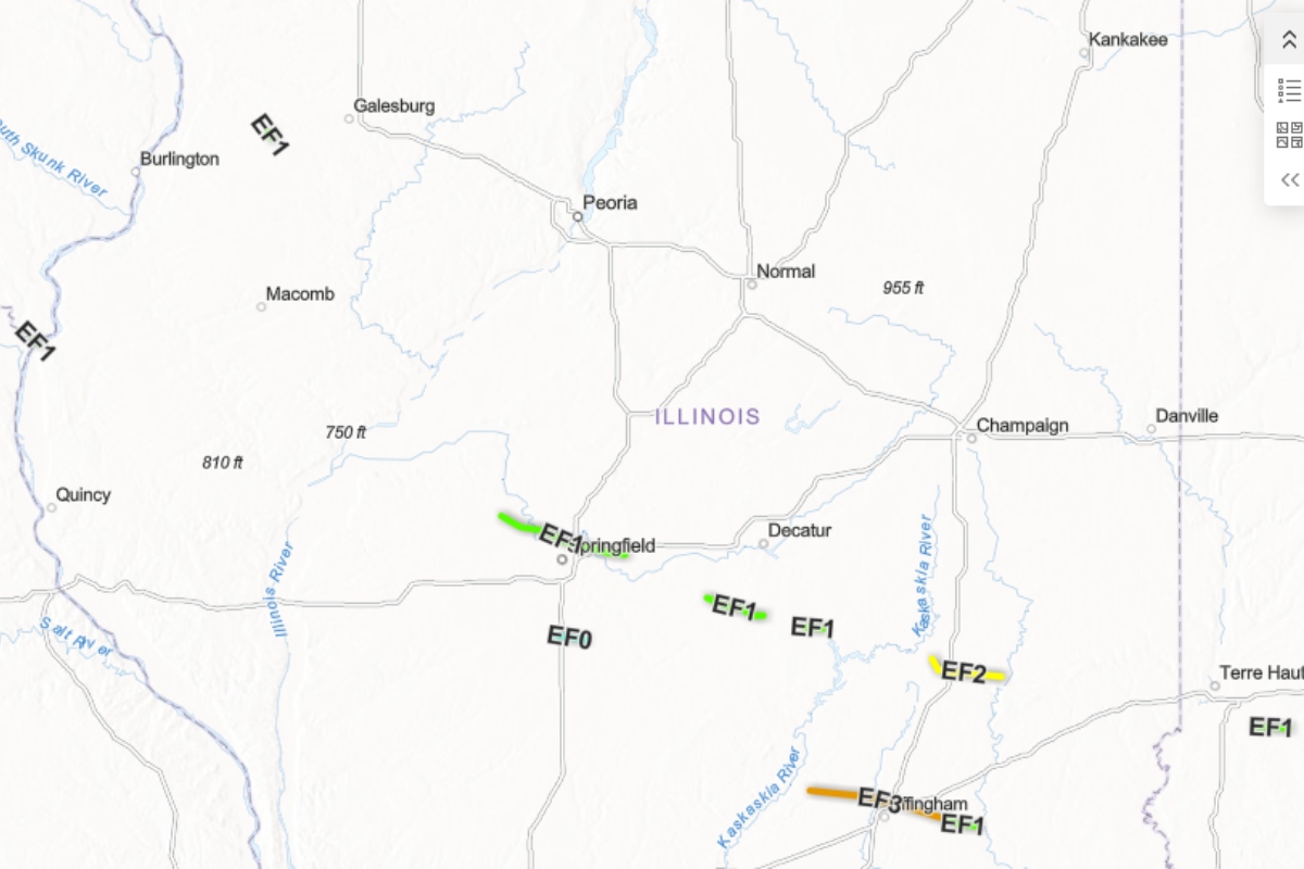 Seven tornadoes hit western and central Illinois Wednesday, June 17, according to the National Weather Service in Lincon, as seen on this map.