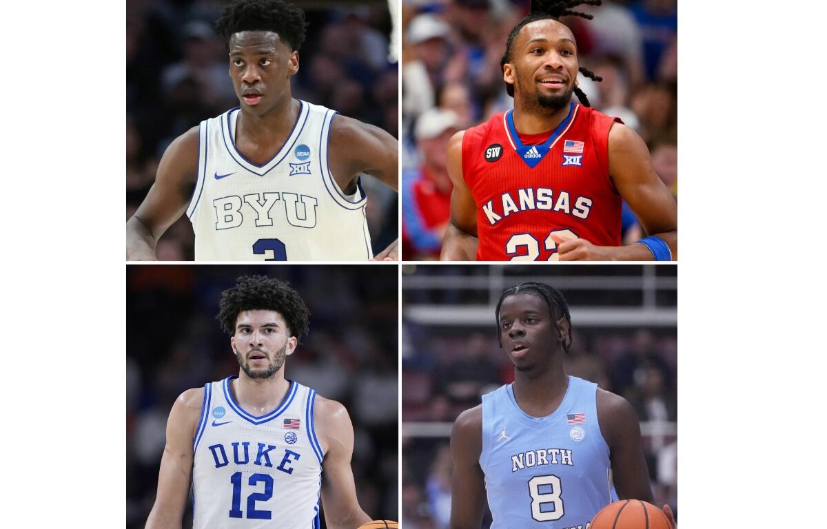 FILE - This photo combination shows, from top left, BYU forward AJ Dybantsa, March 19, 2026, in Portland, Ore., Kansas guard Darryn Peterson in Lawrence, Kan., March 7, 2026, Duke forward Cameron Boozer, March 21, 2026, in Greenville, S.C., and North Carolina forward Caleb Wilson in Stanford, Calif., Jan. 14, 2026. (AP Photo/Amanda Loman, Reed Hoffmann, Brynn Anderson, Jeff Chiu)