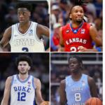FILE - This photo combination shows, from top left, BYU forward AJ Dybantsa, March 19, 2026, in Portland, Ore., Kansas guard Darryn Peterson in Lawrence, Kan., March 7, 2026, Duke forward Cameron Boozer, March 21, 2026, in Greenville, S.C., and North Carolina forward Caleb Wilson in Stanford, Calif., Jan. 14, 2026. (AP Photo/Amanda Loman, Reed Hoffmann, Brynn Anderson, Jeff Chiu)