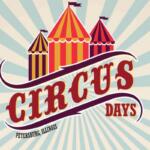 Poster for Circus Days in Petersburg, Illinois featuring three colorful striped tents and a sunburst background behind the bold red word 'CIRCUS' and 'DAYS' text.