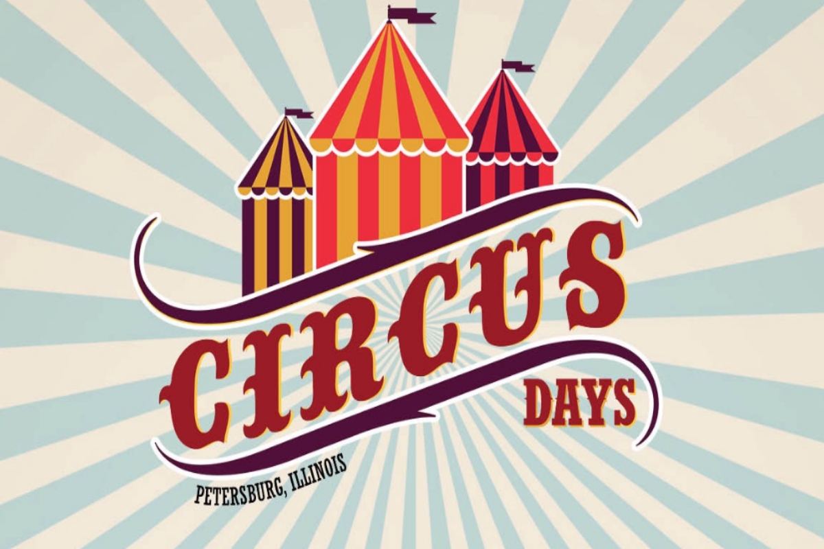 Poster for Circus Days in Petersburg, Illinois featuring three colorful striped tents and a sunburst background behind the bold red word 'CIRCUS' and 'DAYS' text.