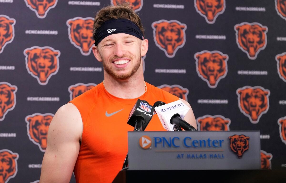 Chicago Bears' Dillon Thieneman talks to media during a news conference at the NFL football team's rookie minicamp, Friday, May 8, 2026, in Lake Forest, Ill. (AP Photo/Nam Y. Huh)