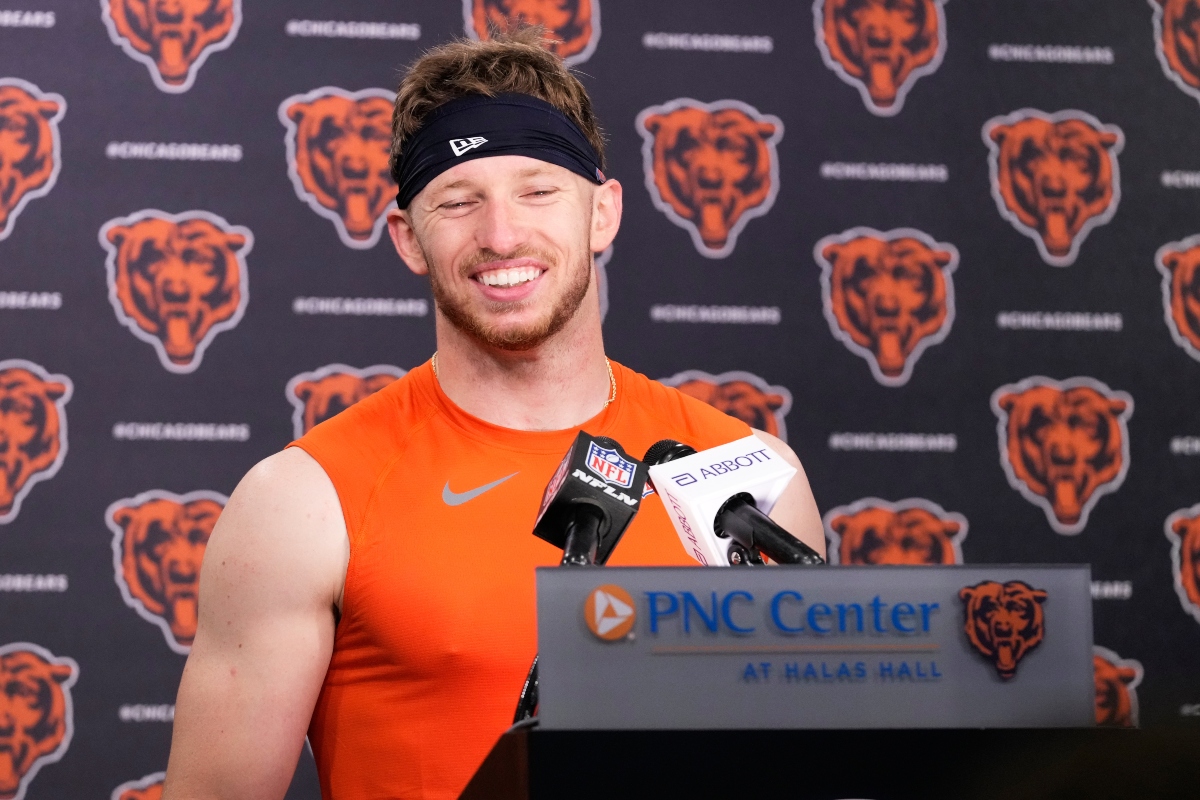 Chicago Bears' Dillon Thieneman talks to media during a news conference at the NFL football team's rookie minicamp, Friday, May 8, 2026, in Lake Forest, Ill. (AP Photo/Nam Y. Huh)