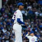 Chicago Cubs starting pitcher Edward Cabrera looks to the scoreboard during the third inning of a baseball game against the Milwaukee Brewers in Chicago, Wednesday, May 20, 2026. (AP Photo/Nam Y. Huh)