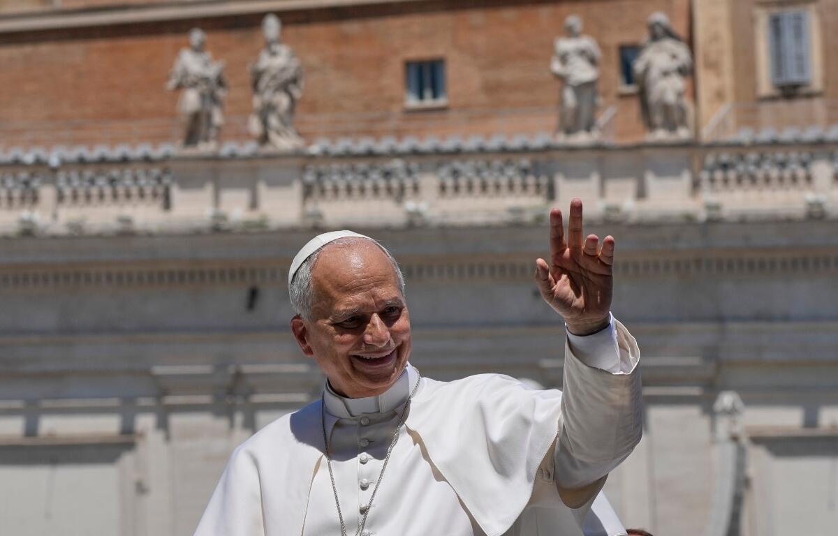 Pope Leo XIV waves as he leaves after his weekly general audience in St. Peter's Square at The Vatican, Wednesday, May 27, 2026. (AP Photo/Alessandra Tarantino)