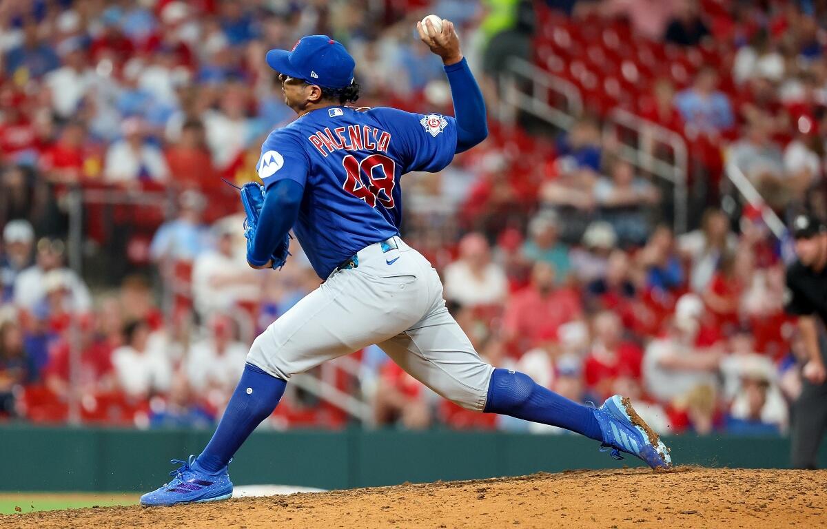 Chicago Cubs pitcher Daniel Palencia throws during the ninth inning of a baseball game against the St. Louis Cardinals Saturday, May 30, 2026, in St. Louis. (AP Photo/Scott Kane)