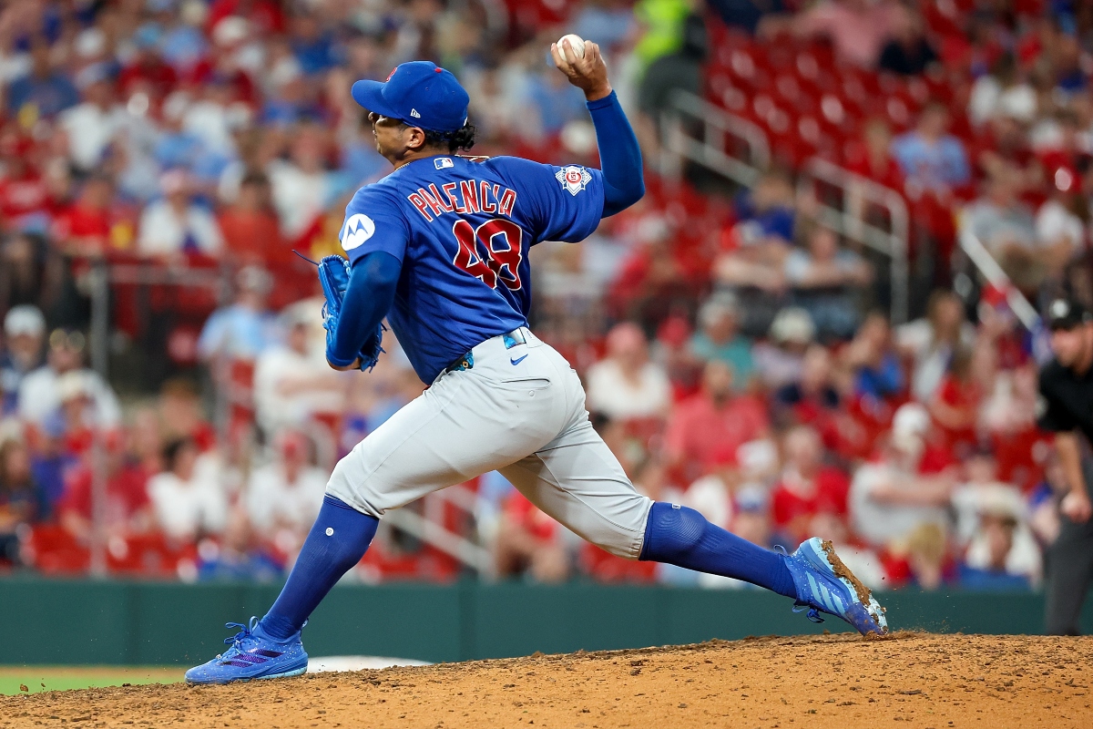 Chicago Cubs pitcher Daniel Palencia throws during the ninth inning of a baseball game against the St. Louis Cardinals Saturday, May 30, 2026, in St. Louis. (AP Photo/Scott Kane)