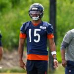 Chicago Bears wide receiver Rome Odunze (15) works on the field during the NFL football team's practice Wednesday, June 3, 2026, in Lake Forest, Ill. (AP Photo/Nam Y. Huh)