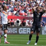 United States forward Christian Pulisic, right, reacts after a missed a shot as Germany forward Leroy Sané celebrates during the first half of an international friendly soccer match in Chicago, Saturday, June 6, 2026. (AP Photo/Nam Y. Huh)