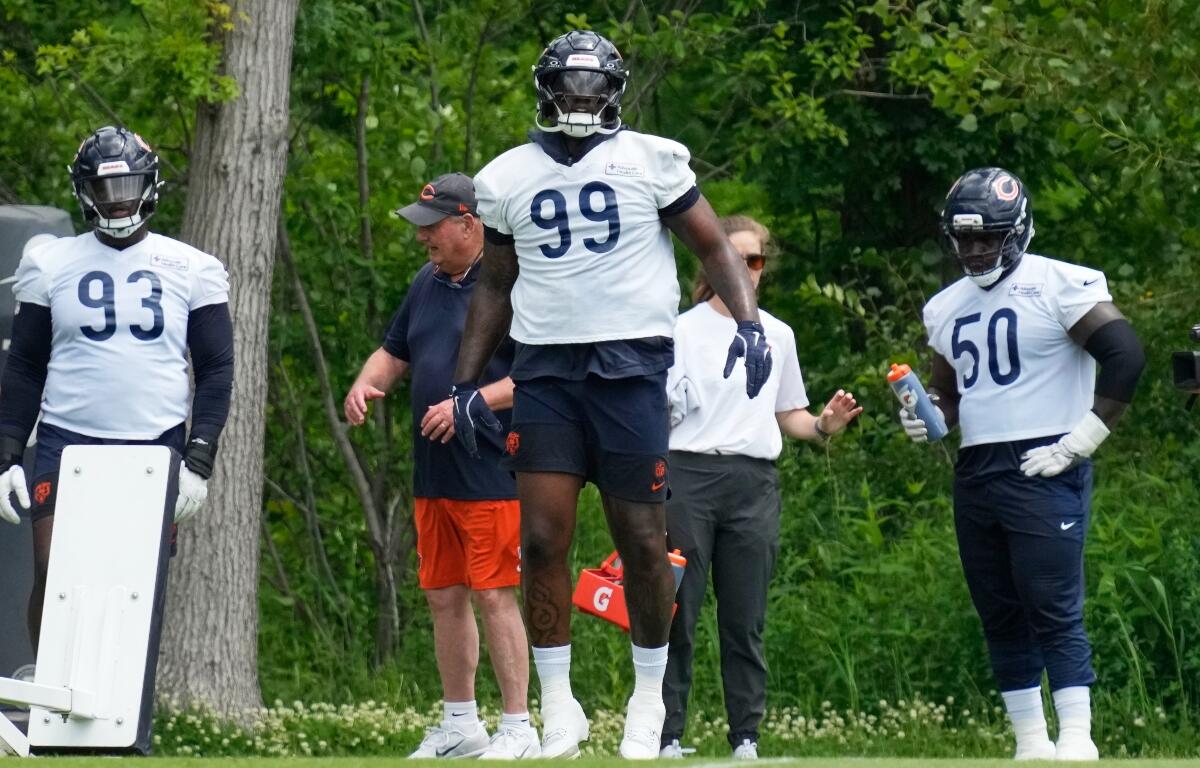 Three American football players in white jerseys (numbers 93, 99, and 50) stand on a grassy practice field with coaches nearby.