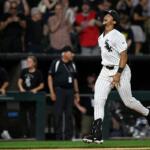 White Sox player in pinstripes celebrates on the field, jumping with arms outstretched as fans cheer in the background.