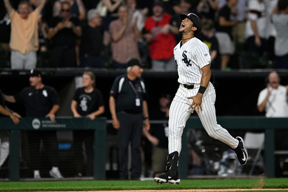 White Sox player in pinstripes celebrates on the field, jumping with arms outstretched as fans cheer in the background.