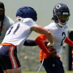 Chicago Bears defensive backs Coby Bryant, right, works with Dillon Thieneman during the NFL football team's practice in Lake Forest, Ill., Wednesday, June 10, 2026. (AP Photo/Nam Y. Huh)