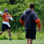 Chicago Bears quarterback Caleb Williams throws a ball during the NFL football team's practice in Lake Forest, Ill., Wednesday, June 10, 2026. (AP Photo/Nam Y. Huh)