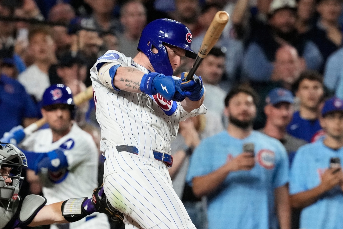 Chicago Cubs' Pete Crow-Armstrong hits a single to complete the cycle during the seventh inning of a baseball game against the Colorado Rockies in Chicago, Monday, June 15, 2026. (AP Photo/Nam Y. Huh)