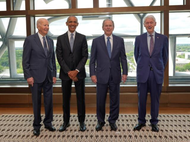 Former President Joe Biden, from left, former President Barack Obama, former President George W. Bush, and former President Bill Clinton, pose for a photo ahead of the dedication ceremony at the Obama Presidential Center, Thursday, June 17, 2026, in Chicago. (AP Photo/Pablo Martinez Monsivais, Pool)
