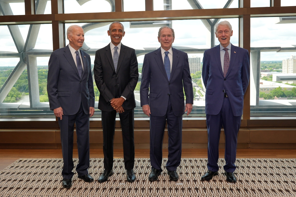 Former President Joe Biden, from left, former President Barack Obama, former President George W. Bush, and former President Bill Clinton, pose for a photo ahead of the dedication ceremony at the Obama Presidential Center, Thursday, June 17, 2026, in Chicago. (AP Photo/Pablo Martinez Monsivais, Pool)