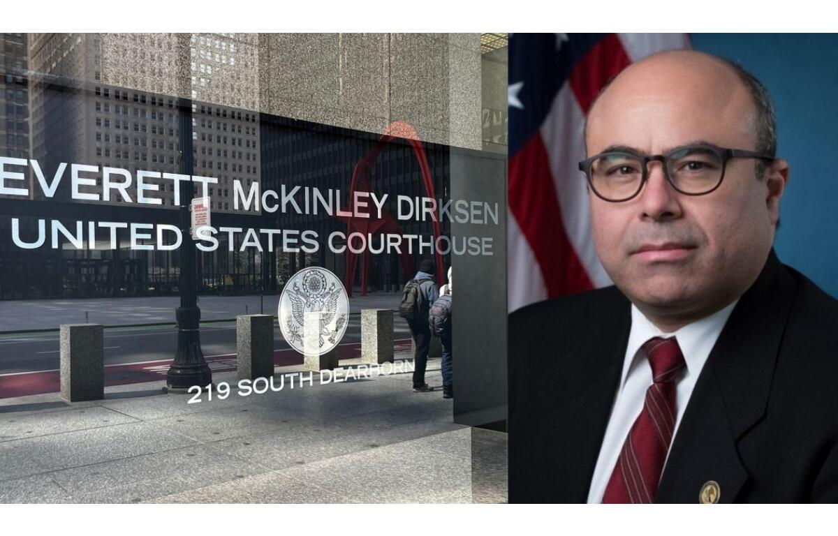 The Dirksen Federal Courthouse in Chicago (Capitol News Illinois photo by Hannah Meisel) and U.S. Attorney Andrew Boutros. (Photo courtesy of the U.S. Department of Justice)