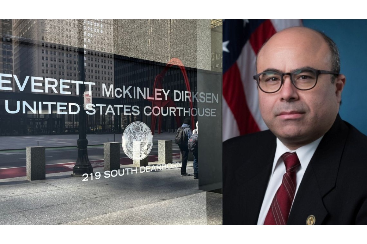The Dirksen Federal Courthouse in Chicago (Capitol News Illinois photo by Hannah Meisel) and U.S. Attorney Andrew Boutros. (Photo courtesy of the U.S. Department of Justice)