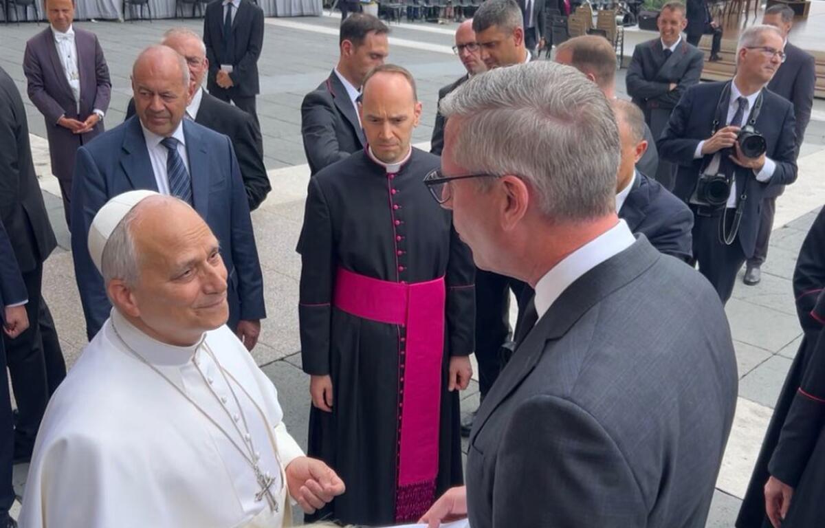 Pope Leo XIV speaks to Illinois State Treasurer Mike Frerichs in St. Peter's Square at The Vatican. Frerichs returned $8.65 of the Pope’s own money from the state’s unclaimed property system. (Photo courtesy of Treasurer Mike Frerichs’ Twitter account)