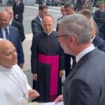 Pope Leo XIV speaks to Illinois State Treasurer Mike Frerichs in St. Peter's Square at The Vatican. Frerichs returned $8.65 of the Pope’s own money from the state’s unclaimed property system. (Photo courtesy of Treasurer Mike Frerichs’ Twitter account)