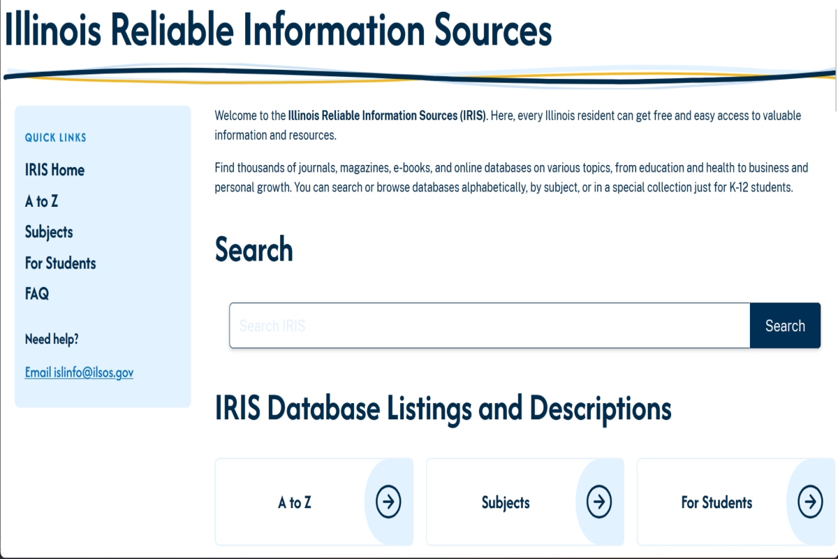 The homepage for the Illinois Reliable Information Sources, or IRIS, program, a new source for finding digital informational and research databases through your local library or the State Library website. (courtesy Illinois State Library)
