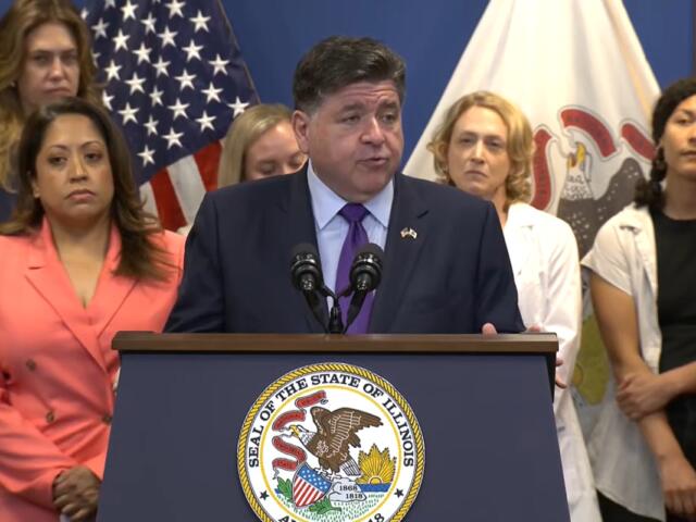 Gov. JB Pritzker speaking at the Wednesday bill signing for a new law that will protect abortion patients’ medical records from out-of-state retaliation.