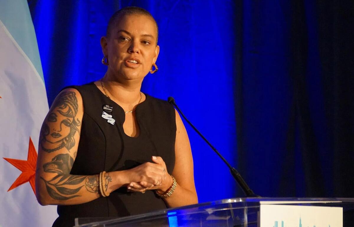 FILE: Megan Jeyifo, executive director of the Chicago Abortion Fund, speaks to members of the Illinois delegation on Day 2 of the Democratic National Convention in Chicago in 2024. (Capitol News Illinois photo by Peter Hancock)
