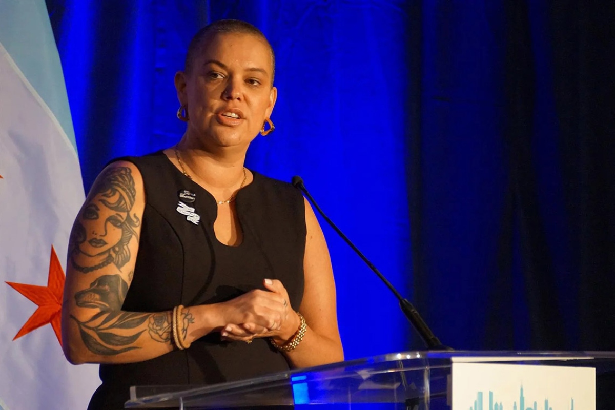 FILE: Megan Jeyifo, executive director of the Chicago Abortion Fund, speaks to members of the Illinois delegation on Day 2 of the Democratic National Convention in Chicago in 2024. (Capitol News Illinois photo by Peter Hancock)