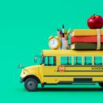 Back-to-school scene: yellow school bus with books, an apple, clock, and pencils on top against a teal background.
