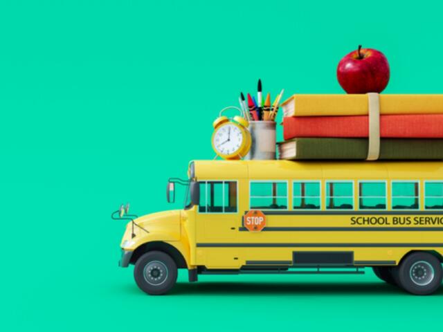 Back-to-school scene: yellow school bus with books, an apple, clock, and pencils on top against a teal background.