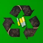 Recycling symbol formed by four black arrow shapes on a bright green background, with three batteries in the center.