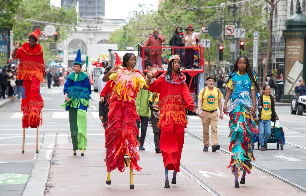 San Francisco, CA - June 10, 2023: Participants in Juneteenth Parade to commemorate the emancipation of enslaved Black Americans and celebrate African American culture and contributions.