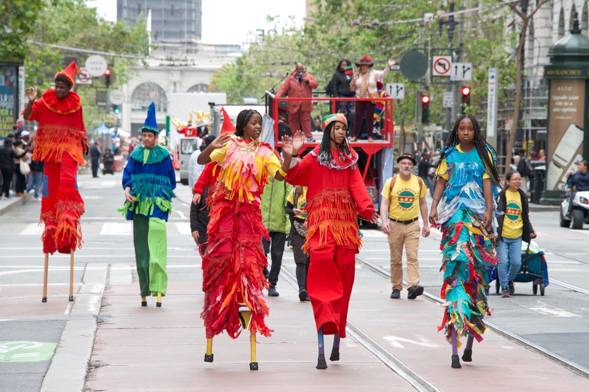 San Francisco, CA - June 10, 2023: Participants in Juneteenth Parade to commemorate the emancipation of enslaved Black Americans and celebrate African American culture and contributions.