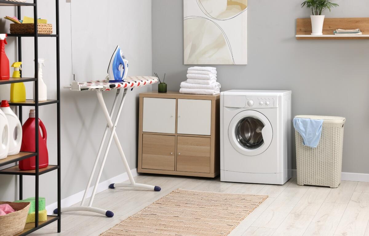 A laundry room in a home.