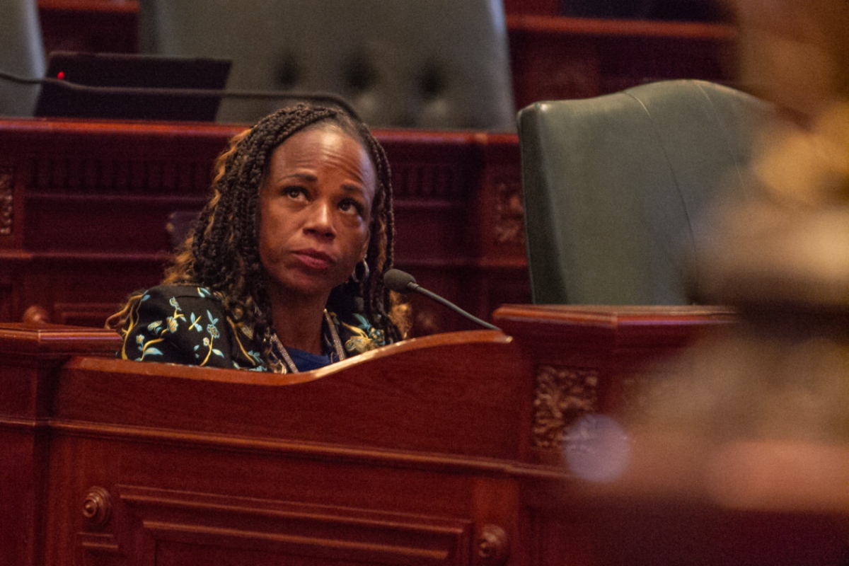 Woman with braided hair seated behind a wood desk, speaking into a microphone in a formal legislative chamber.