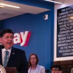 Gov. JB Pritzker discusses new hemp regulations he signed last month during an event at SWAY Cannabis Dispensary in Chicago on July 2, 2026. (Capitol News Illinois photo by Maggie Dougherty)