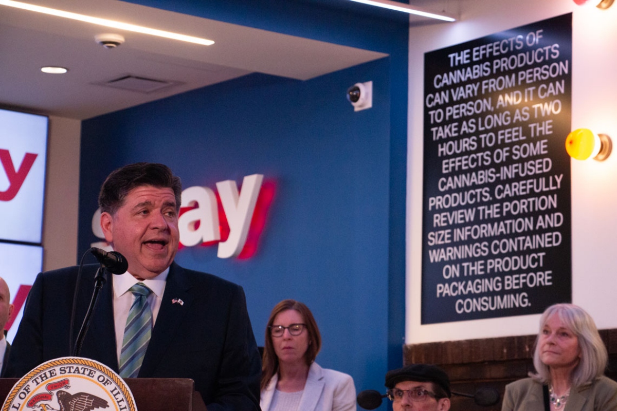 Gov. JB Pritzker discusses new hemp regulations he signed last month during an event at SWAY Cannabis Dispensary in Chicago on July 2, 2026. (Capitol News Illinois photo by Maggie Dougherty)