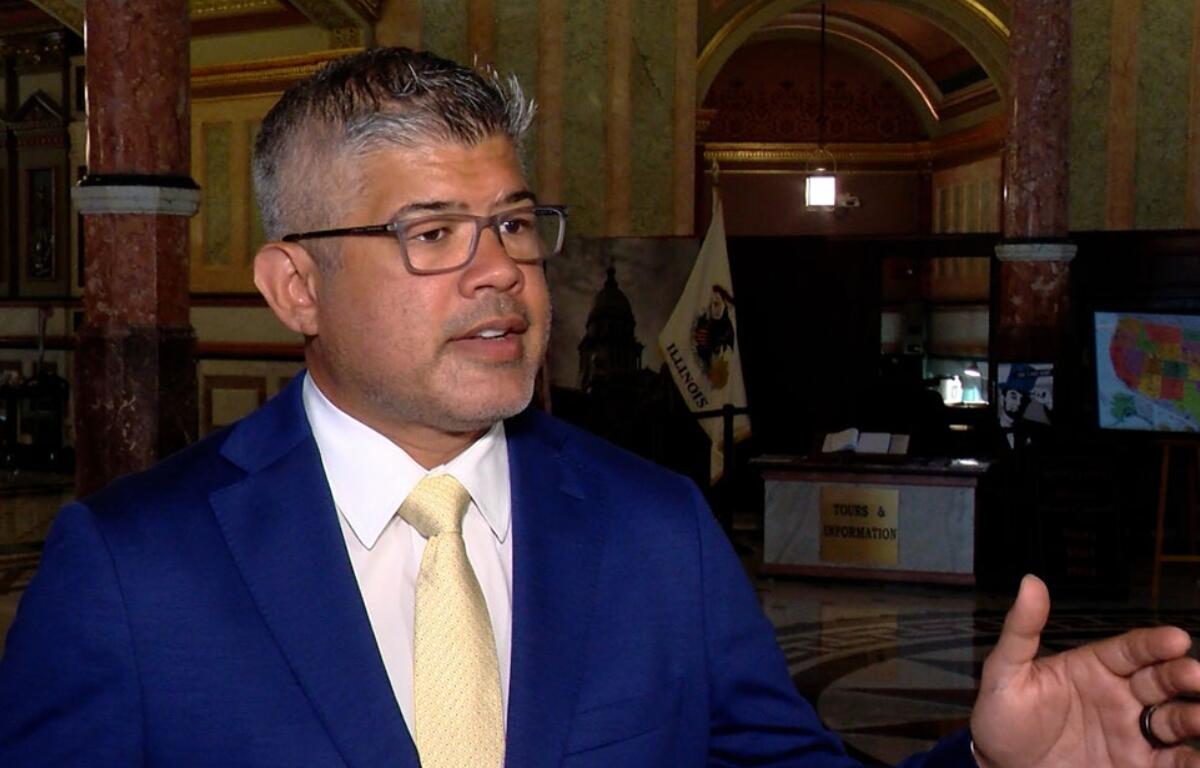 Republican lieutenant governor nominee Aaron Del Mar speaks inside the Illinois Capitol on July 20, 2026. (Capitol News Illinois photo by Andrew Campbell)