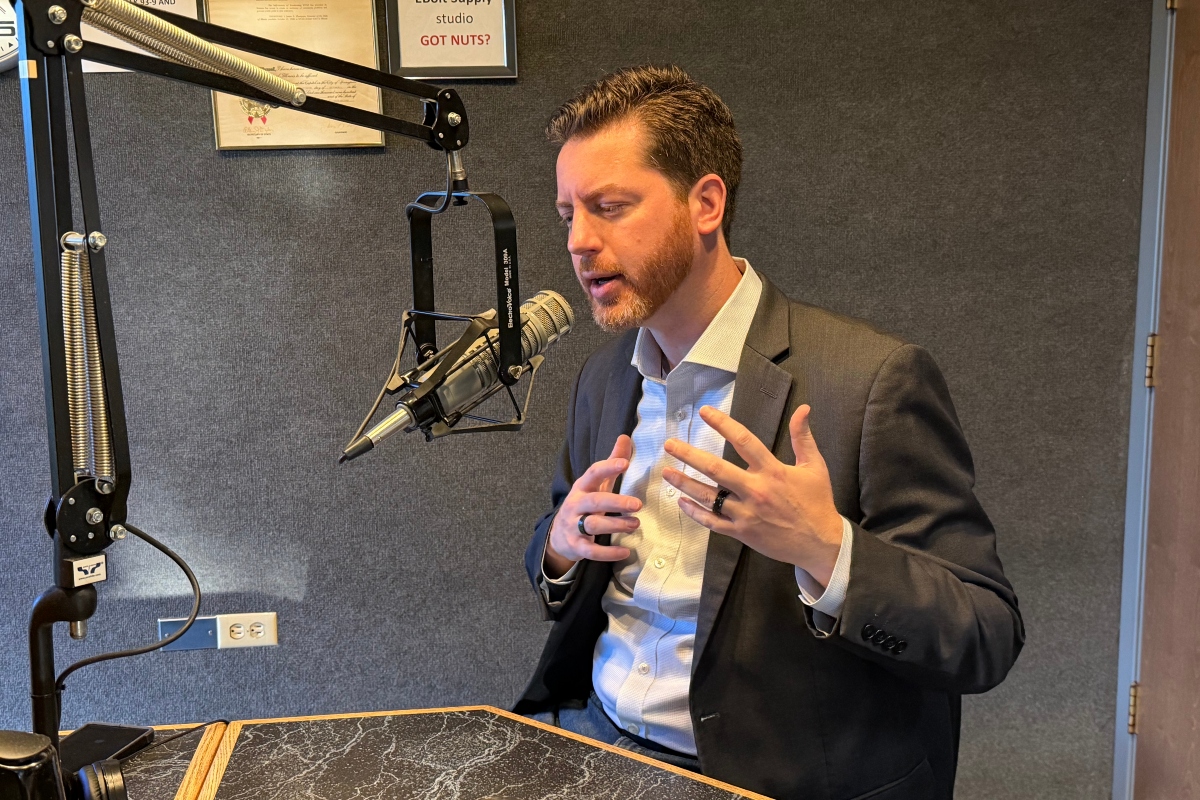 Collin Corbett, candidate for Illinois Governor, speaks at the WTAX Studios.