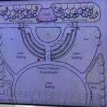 Architectural plan of an outdoor amphitheater with a central stage and two lawn seating areas.