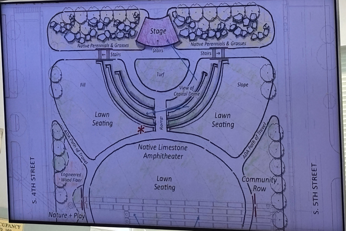 Architectural plan of an outdoor amphitheater with a central stage and two lawn seating areas.