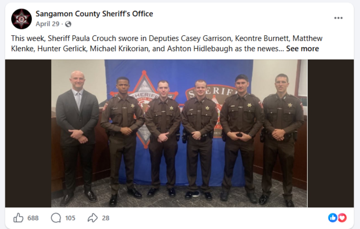 A screenshot of an April, 2026 Sangamon County Sheriff's Department Facebook post referencing the hiring of, among others, Deputy Matthew Klenke.